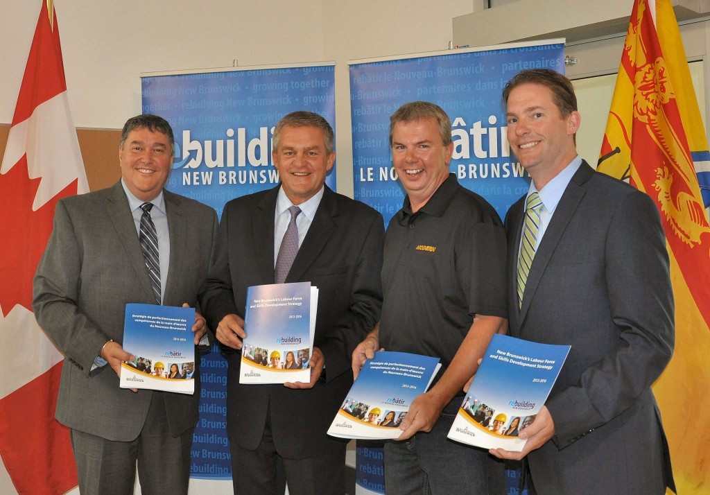 New Brunswick's Labour Force and Skills Development Strategy 2013-2016 was released by Premier David Alward, Post-Secondary Education, Training and Labour Minister Danny Soucy and Education and Early Childhood Development Minister Jody Carr. From left: Soucy; Alward; Darren Sutherland, owner of Modern Electric Ltd.; and Carr.