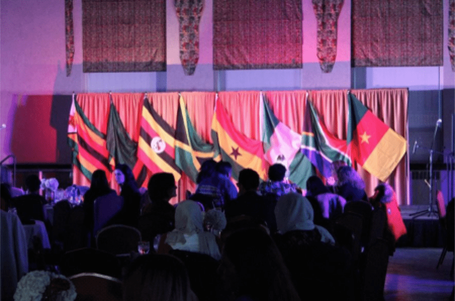 Flags from the left: Zimbabwe, Zambia, Uganda, Jamaica, Ghana, Nigeria, South Africa, Cameroon